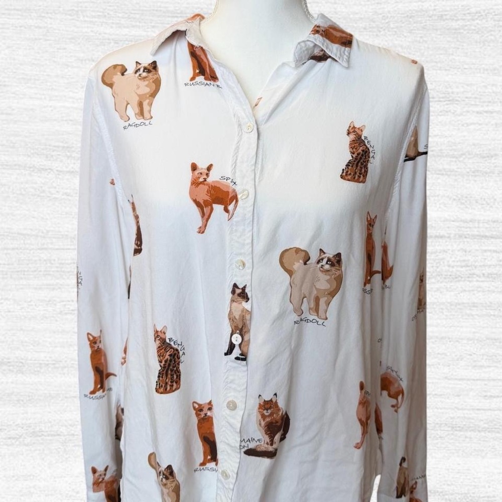 Cat Print Button-Up Shirt
